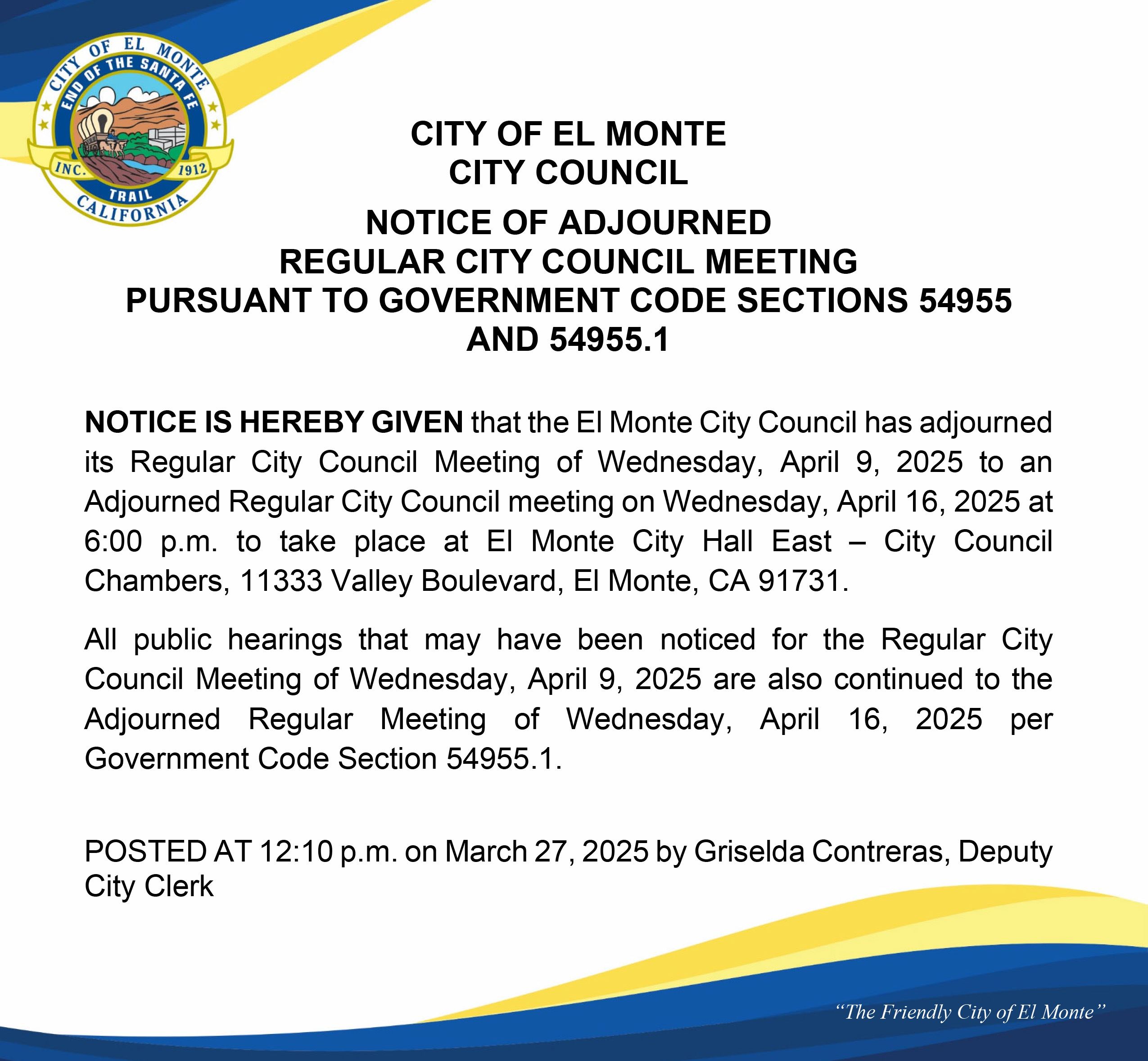 Notice of Adjourned City Council Meeting